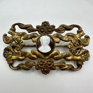 Antique 1900s Arts Crafts gold gilt brass milk glass cameo sash pin brooch